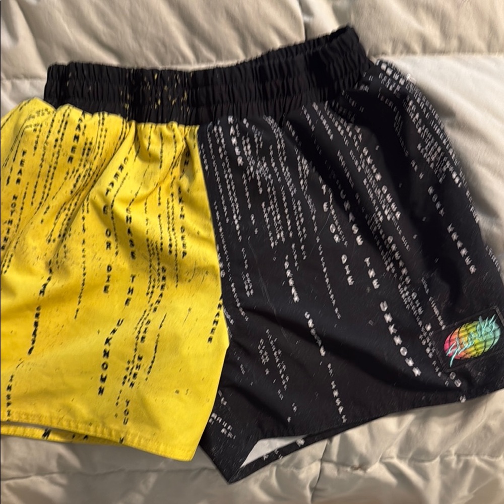 Yellow and Black Text Print Shorts